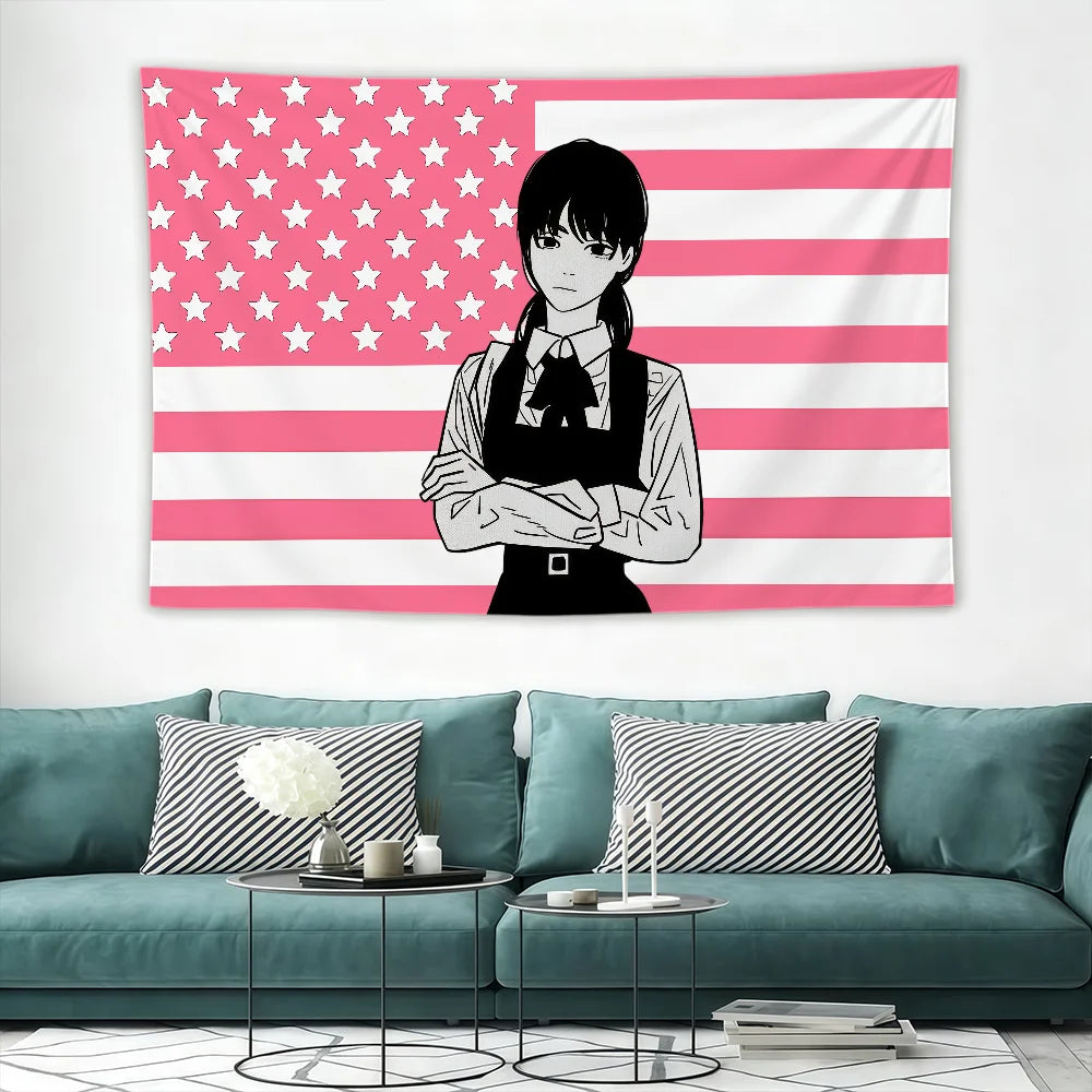 Chainsaw Man Wall Tapestry – Asa Mitaka Crossed American Flag