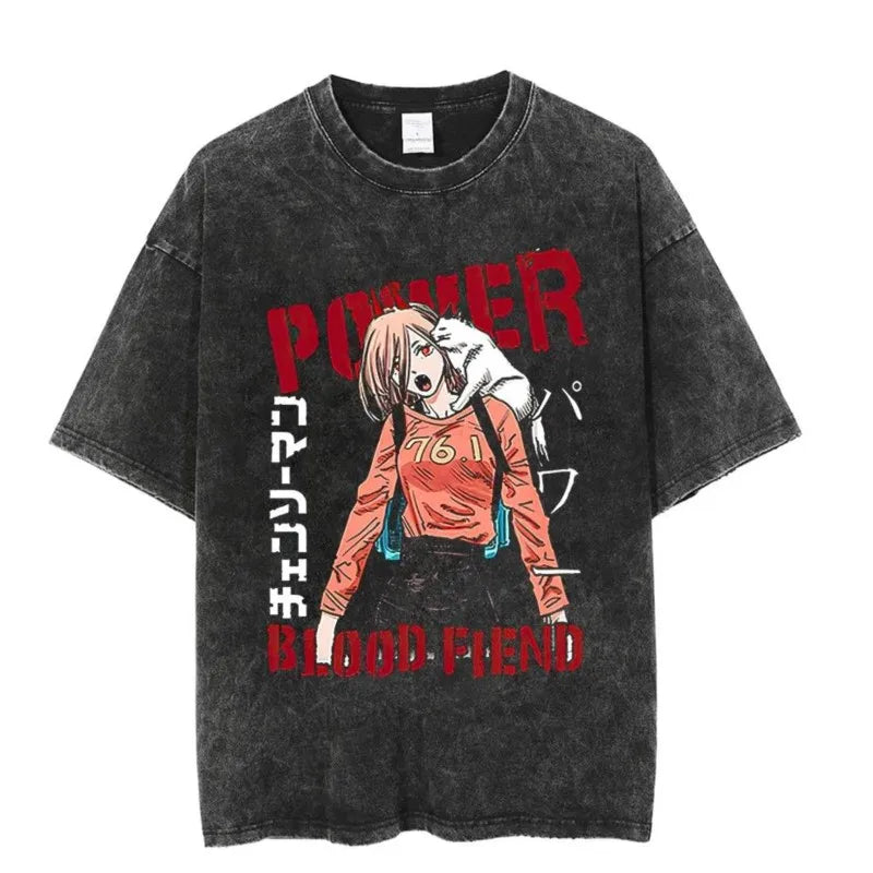 Chainsaw Man T-Shirt Délavé – Power Blood Fiend Édition Vintage