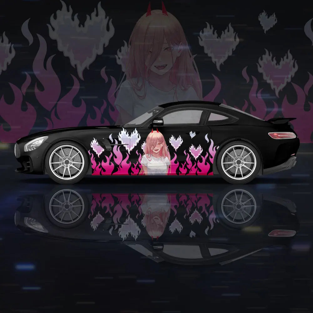 Chainsaw Man Anime Car Wrap – Makima Flammes Roses Décalque Voiture