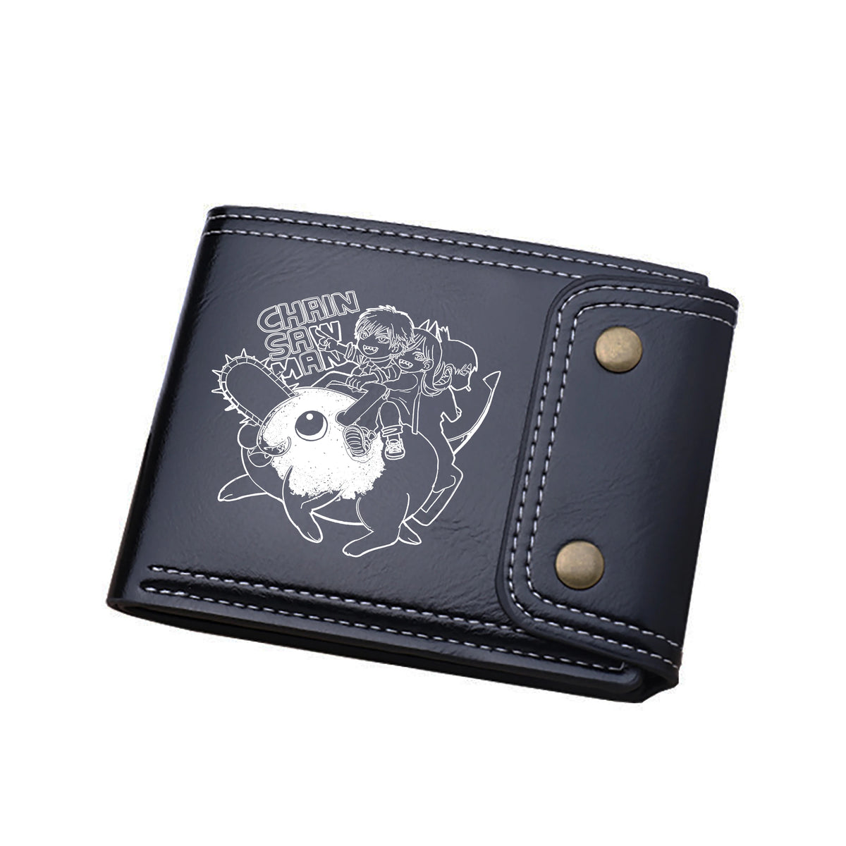 Monedero Chainsaw Man - Pochita Chibi Grabado contorno blanco sobre cuero negro