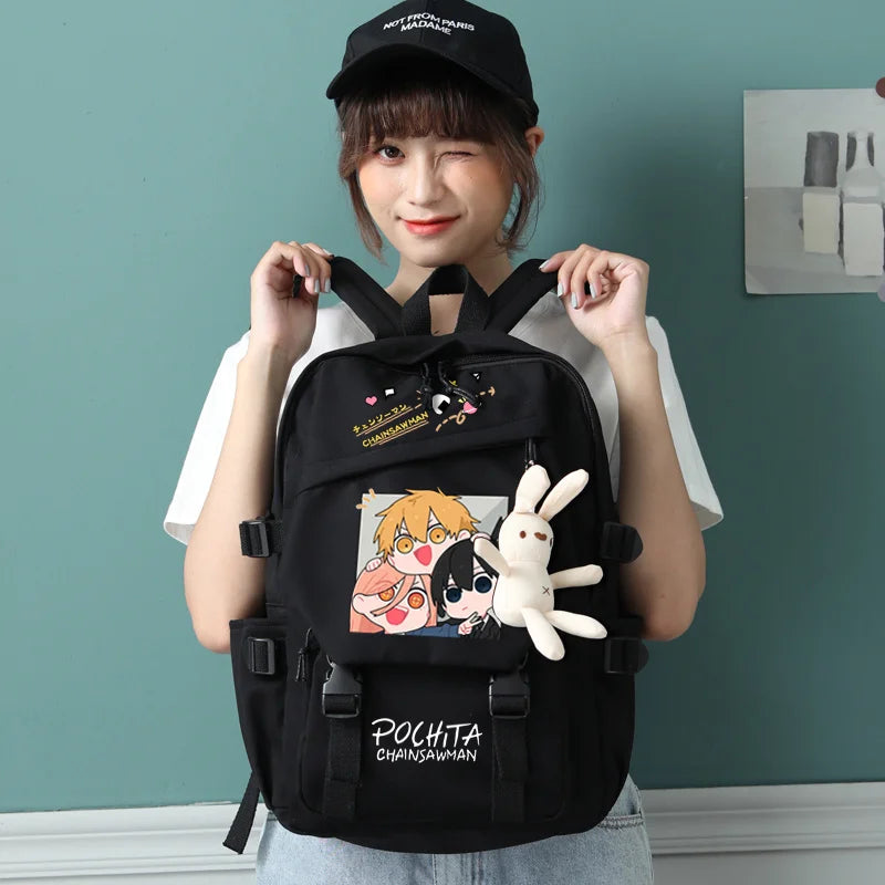 Chainsaw Man Backpack Set - Denji Aki Power Chibi Hearts Black Kawaii