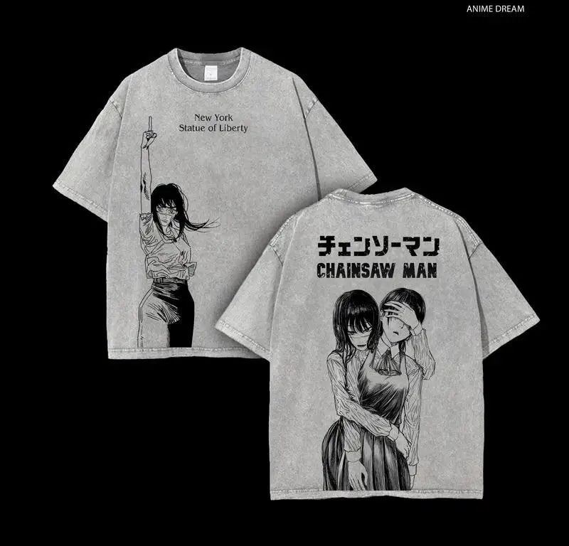 Chainsaw Man T-Shirt Graphique – Asa Mitaka & Yoru Édition Grise