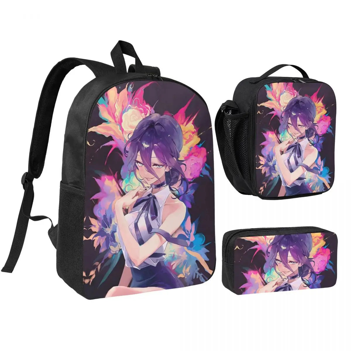 Chainsaw Man Set Sac à Dos – Reze Fleurs Colorées Style Artistique Set 3 Pièces