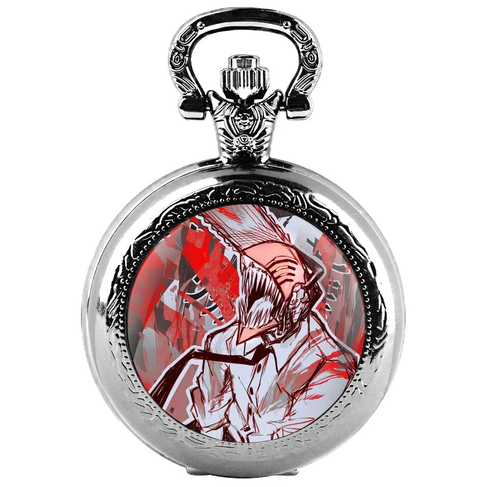 Chainsaw Man Reloj de Bolsillo Vintage – Denji Demonio Rojo y Blanco Estilo Gótico Plata
