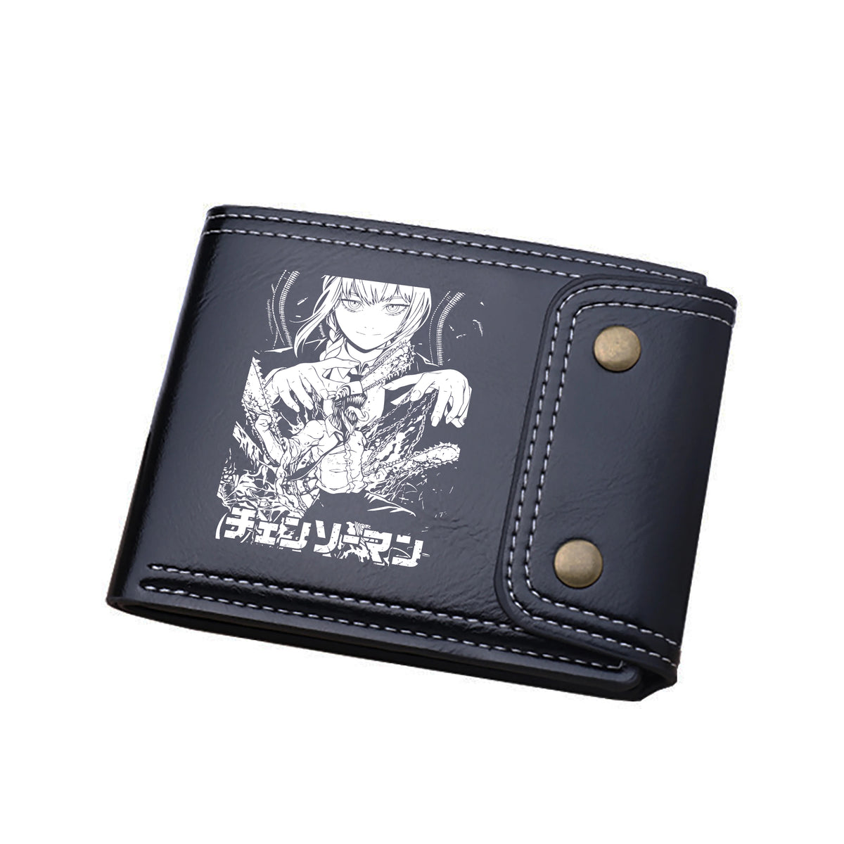 Chainsaw Man Portefeuille – Silhouette Makima Texte Japonais Gravure Cuir Noir