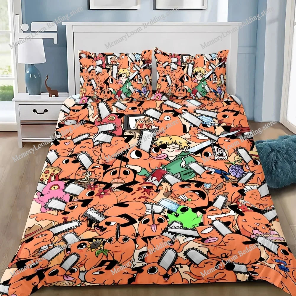 Chainsaw Man Duvet Cover & Pillowcases Bedding Set – Pochita Multi-Pattern Orange Edition