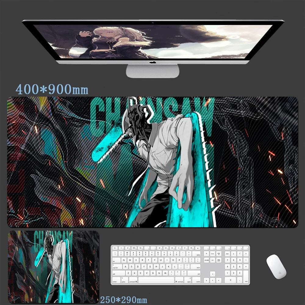 Chainsaw Man Mouse Pad - Denji Chainsaw Turquoise Typo Large Desk Mat