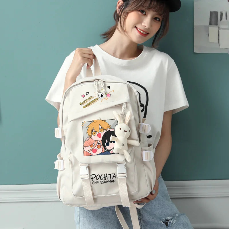 Chainsaw Man Backpack Set - Denji Aki Power Chibi Pochita Beige Pastel Edition