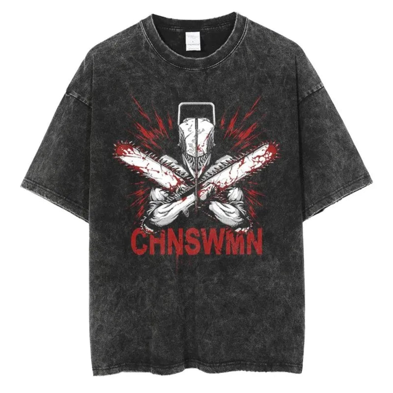 Camiseta Desgastada Chainsaw Man – Motosierras Cruzadas Edición Vintage Roja