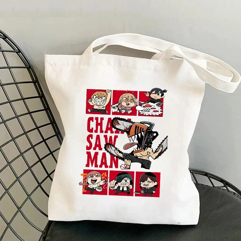 Chainsaw Man Tote Bag – Collage Scènes Manga Cases Style Bande Dessinée Toile Blanche