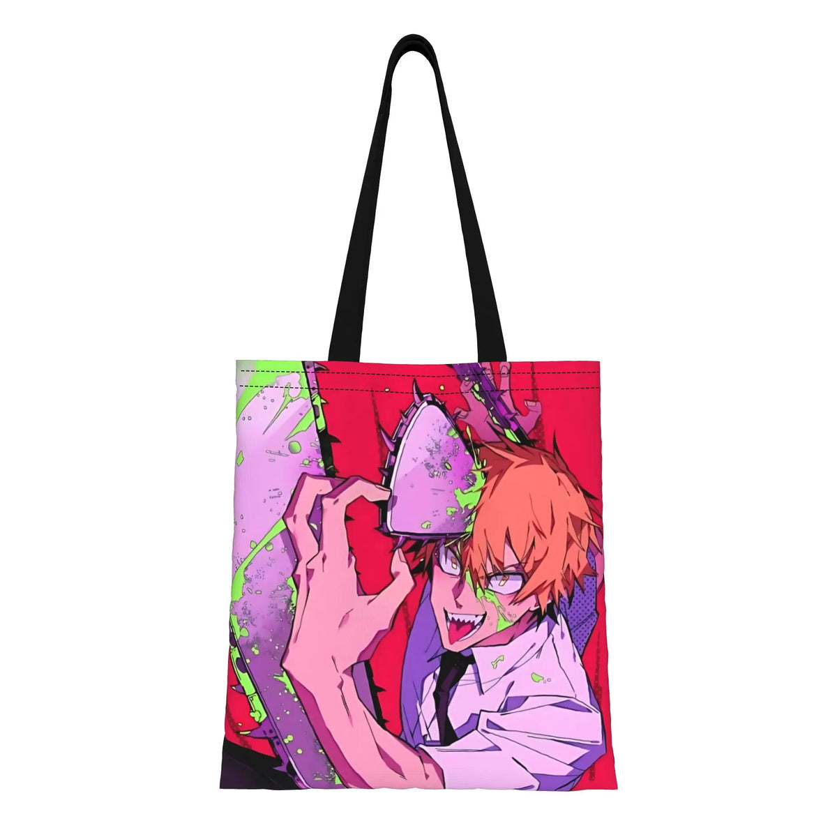 Chainsaw Man Tote Bag – Denji Coloré Violet Rose Style Pop Art Toile Noire