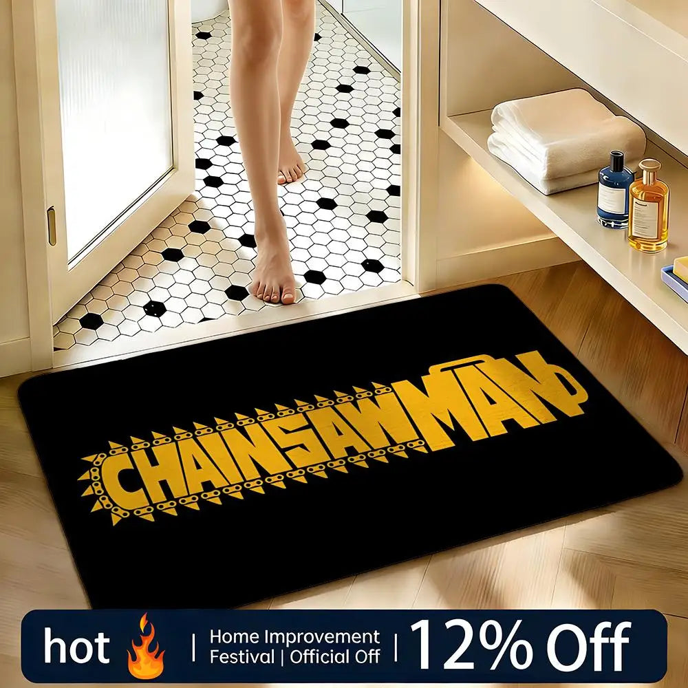 Chainsaw Man Tapis de Bain Antidérapant – Logo Doré Édition Noire