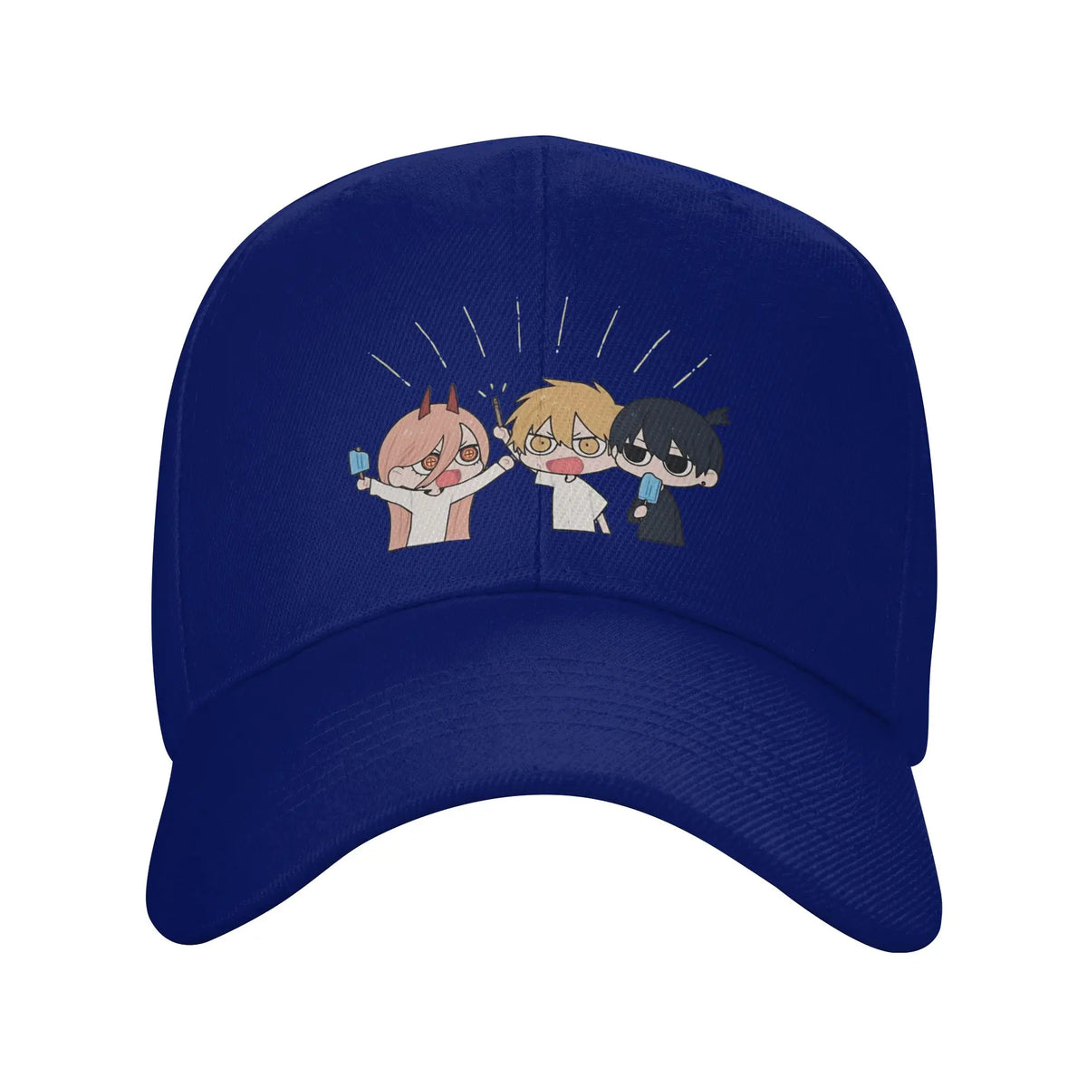Chainsaw Man Embroidered Cap – Chibi Ice Trio Dark Blue Edition