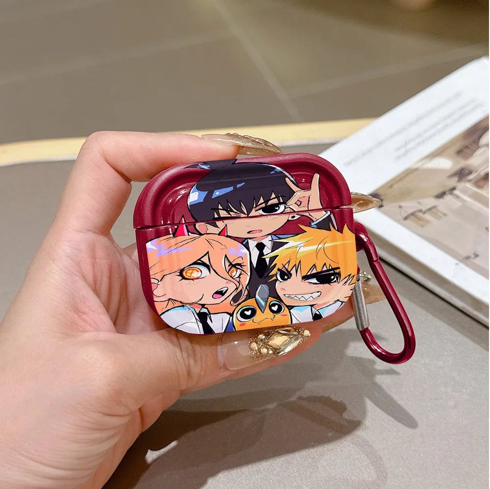 Chainsaw Man Coque AirPods – Denji & Aki & Power Chibi Rouge Étui Mousqueton