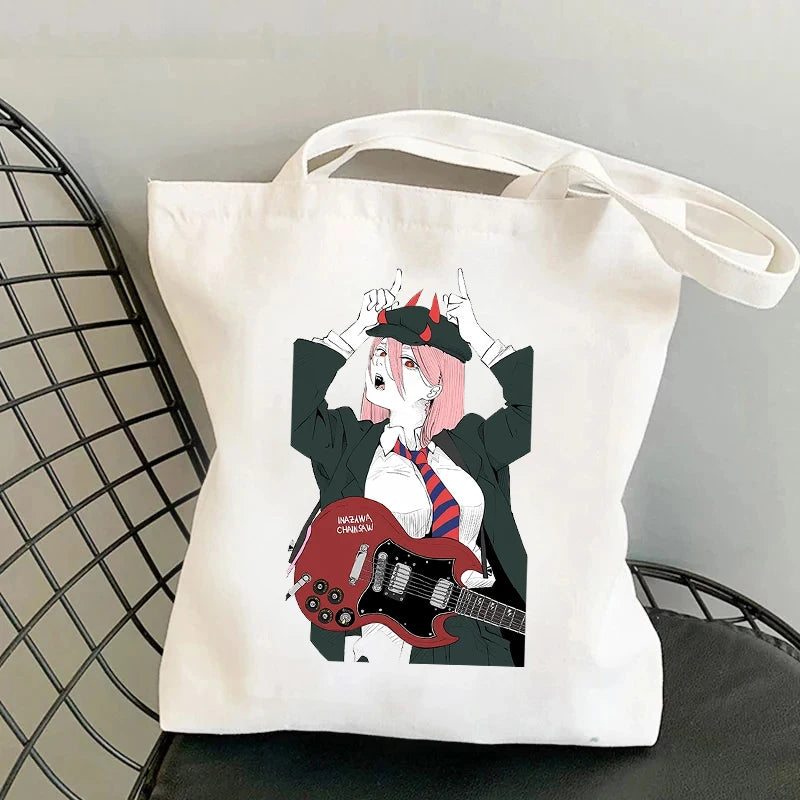 Chainsaw Man Tote Bag – Power Portrait Dynamique Tronçonneuse Fond Blanc Toile Blanche
