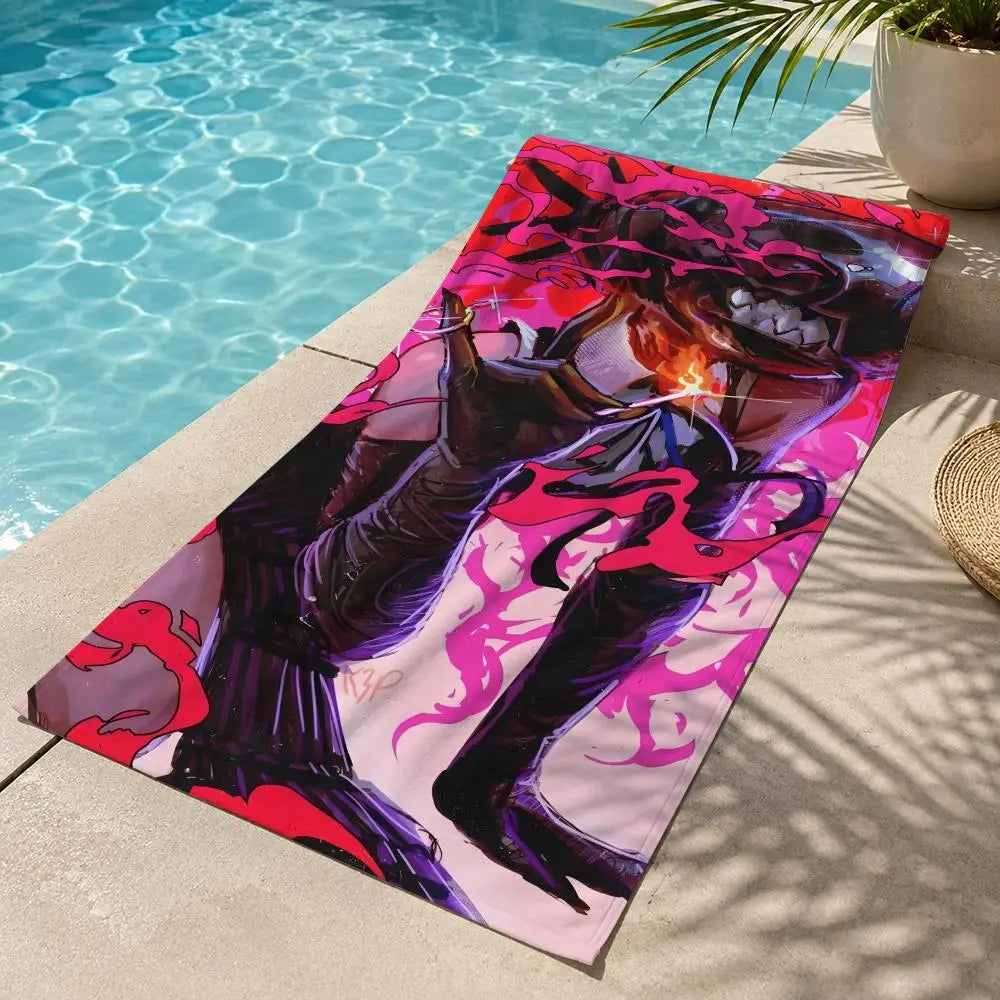 Chainsaw Man Serviette de Plage – Denji Devil Combat Rose et Violet Style Sombre