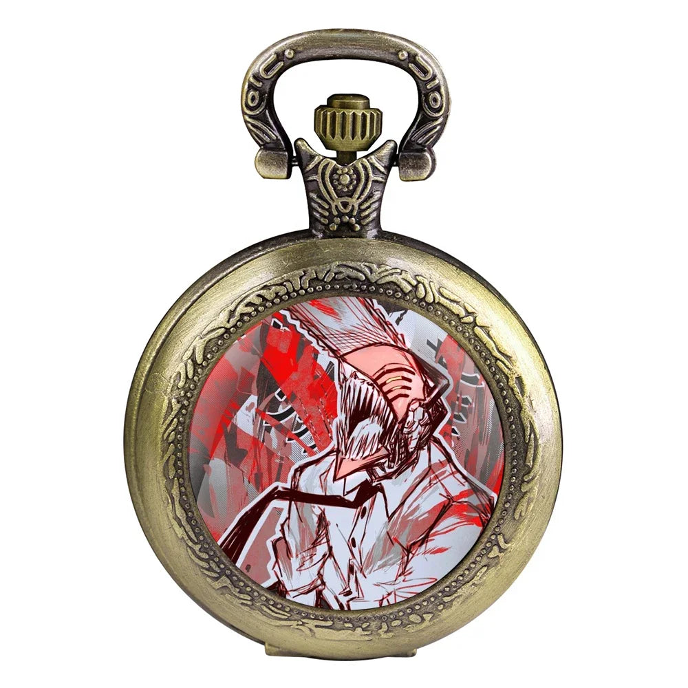 Chainsaw Man Reloj de Bolsillo Vintage – Denji Devil Rojo y Blanco Estilo Bronce Antiguo