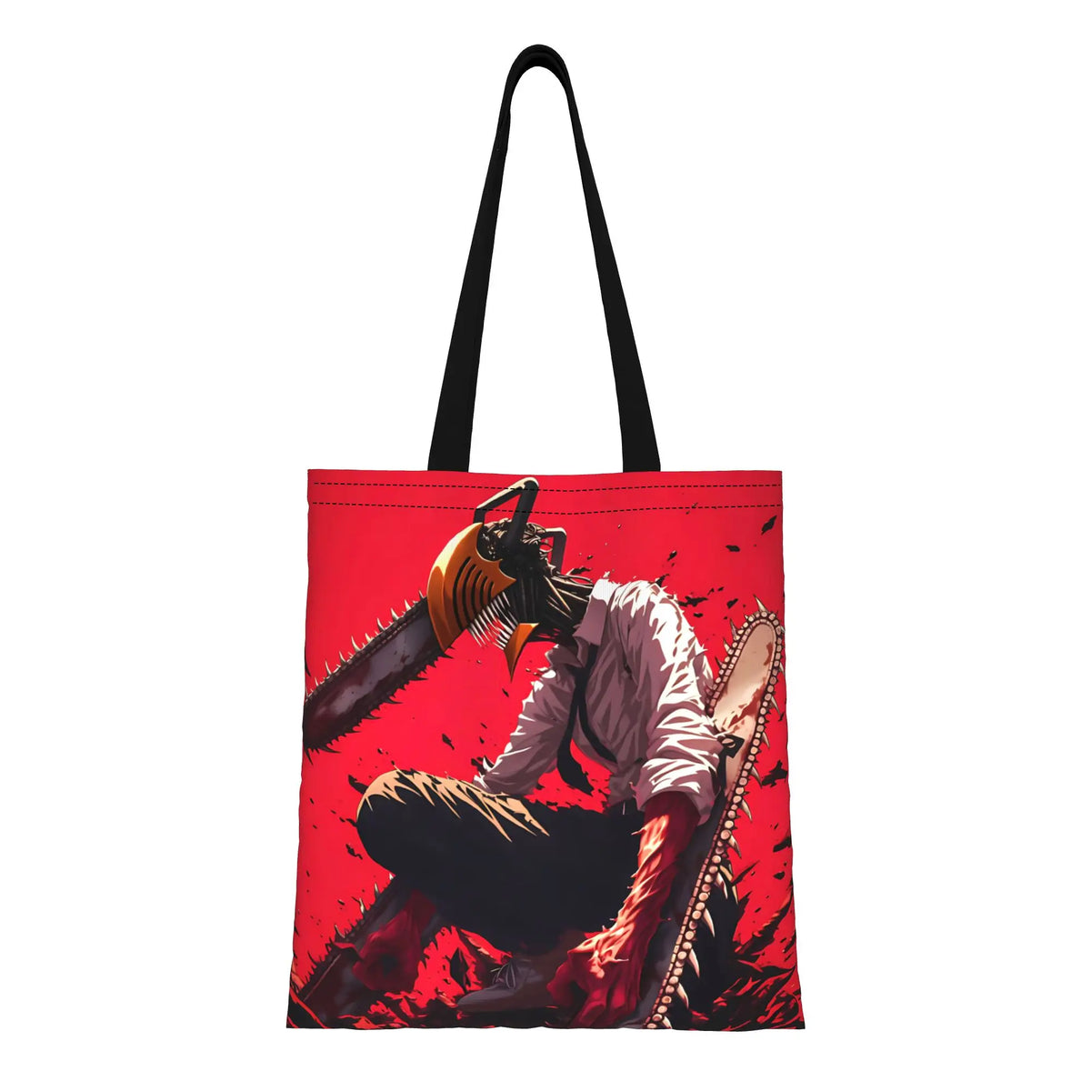 Bolsa de tela Chainsaw Man – Denji Motosierra Agachado Fondo Rojo Sangre Estilo Acción Lona Negra