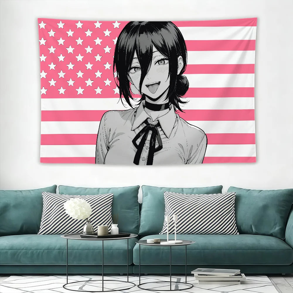 Chainsaw Man Wall Tapestry – Reze Pink American Flag