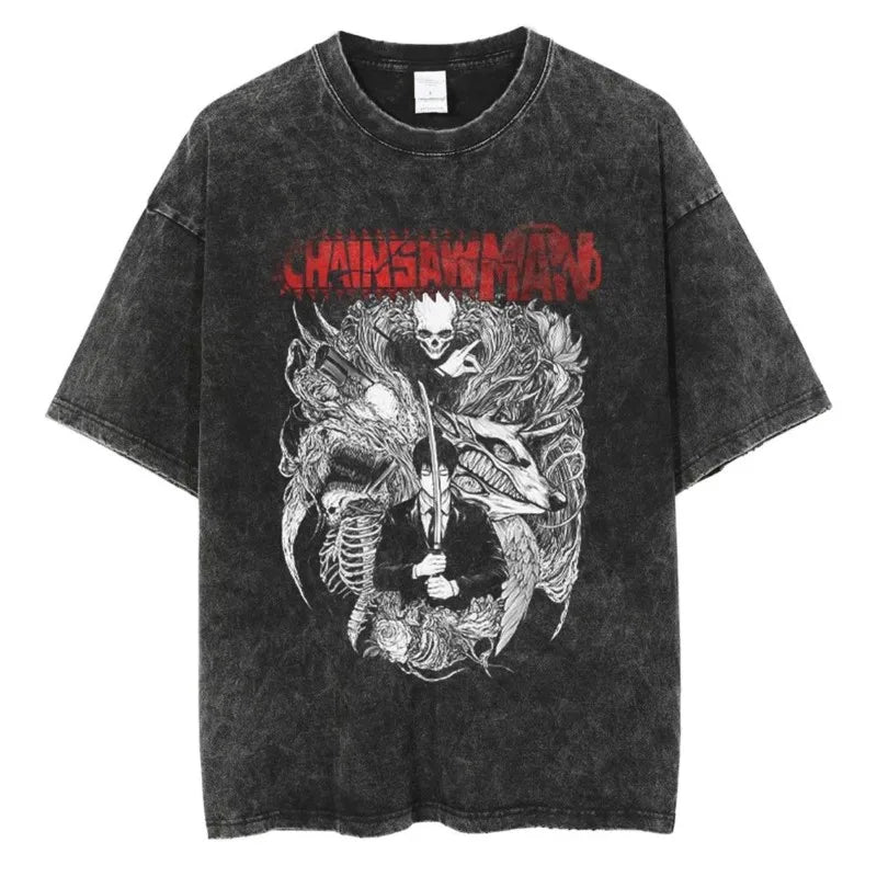 Camiseta Chainsaw Man Desgastada – Edición Vintage Esqueleto de Aki