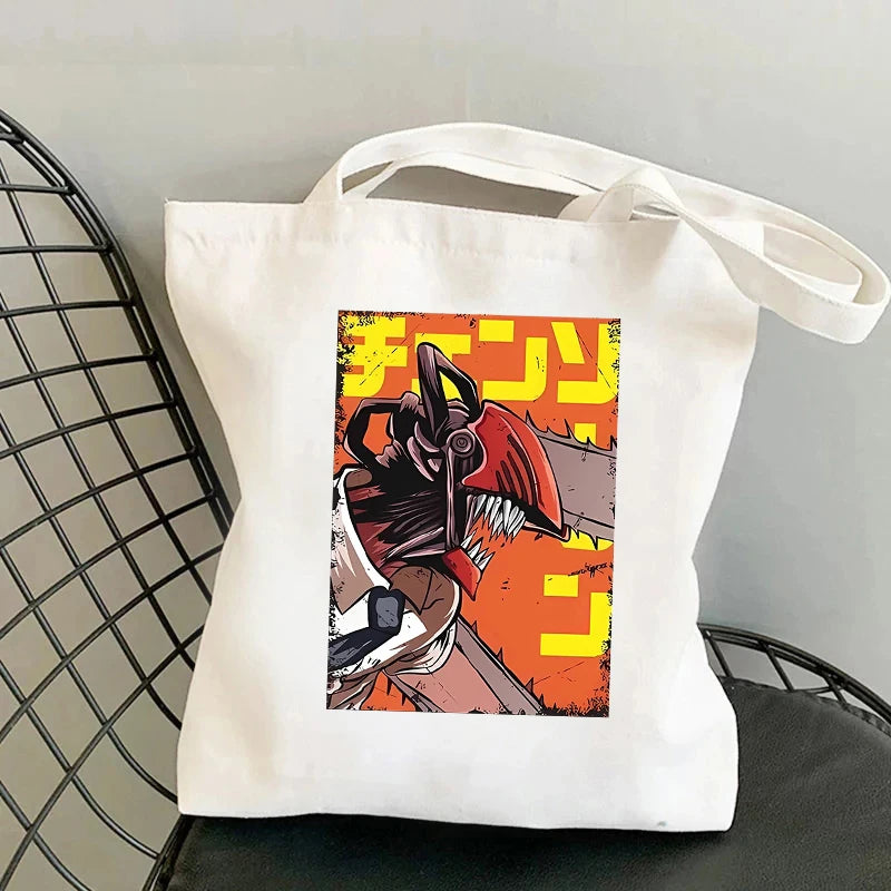 Chainsaw Man Tote Bag – Denji Chainsaw Yellow Kanji Japanese Retro Poster Style White Canvas