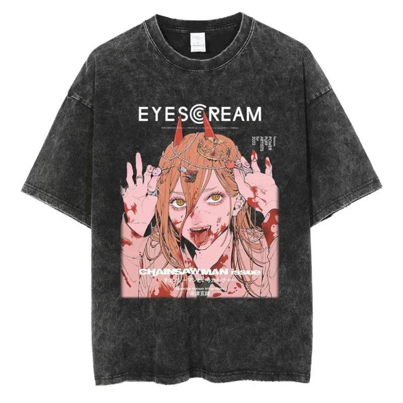 Chainsaw Man T-Shirt Délavé – Power Eyescream Édition Vintage
