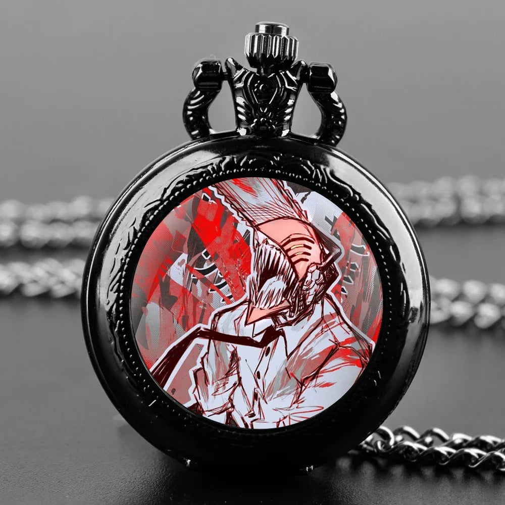 Reloj de bolsillo vintage Chainsaw Man – Denji Diablo rojo y blanco estilo gótico negro