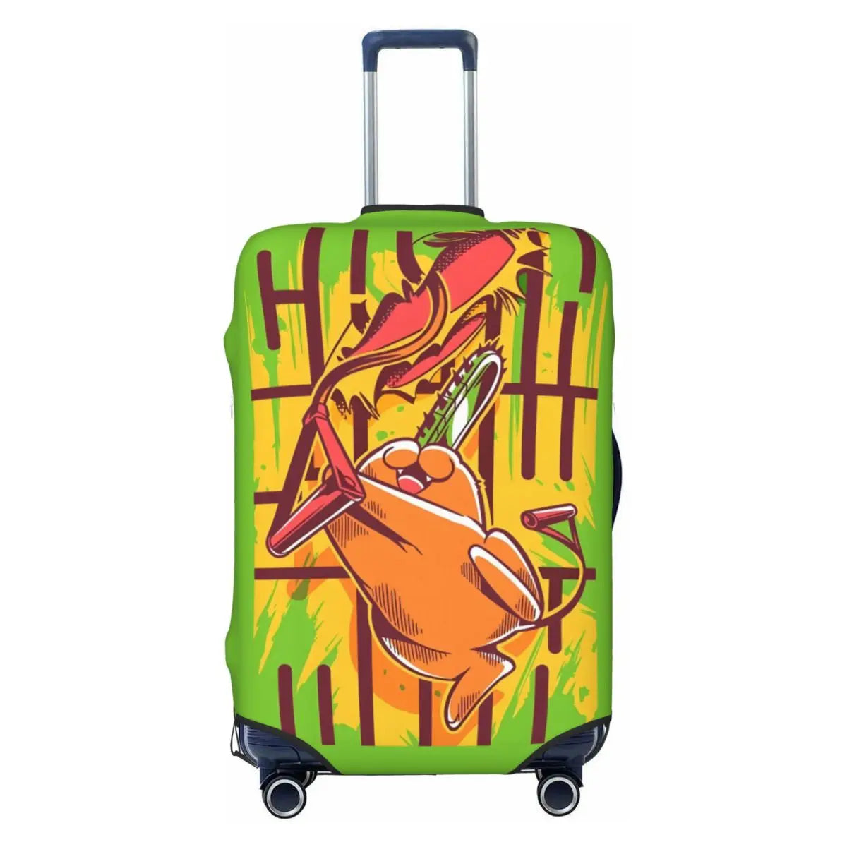 Chainsaw Man Luggage Cover – Pochita Devil Green and Orange Manga Style