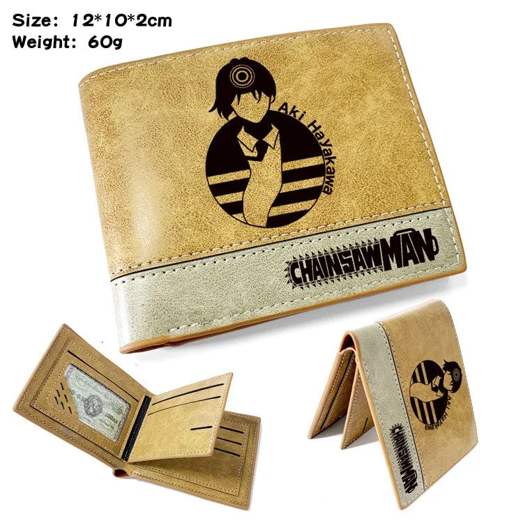 Chainsaw Man Wallet - Aki Hayakawa Portrait Graphic Stripes Manga Style Beige Leather