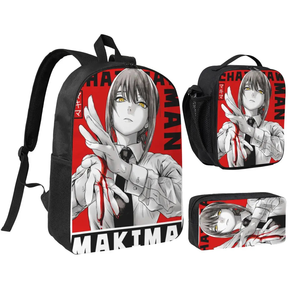 Chainsaw Man Set Sac à Dos – Makima Portrait Noir et Blanc Fond Rouge Bold Set 3 Pièces