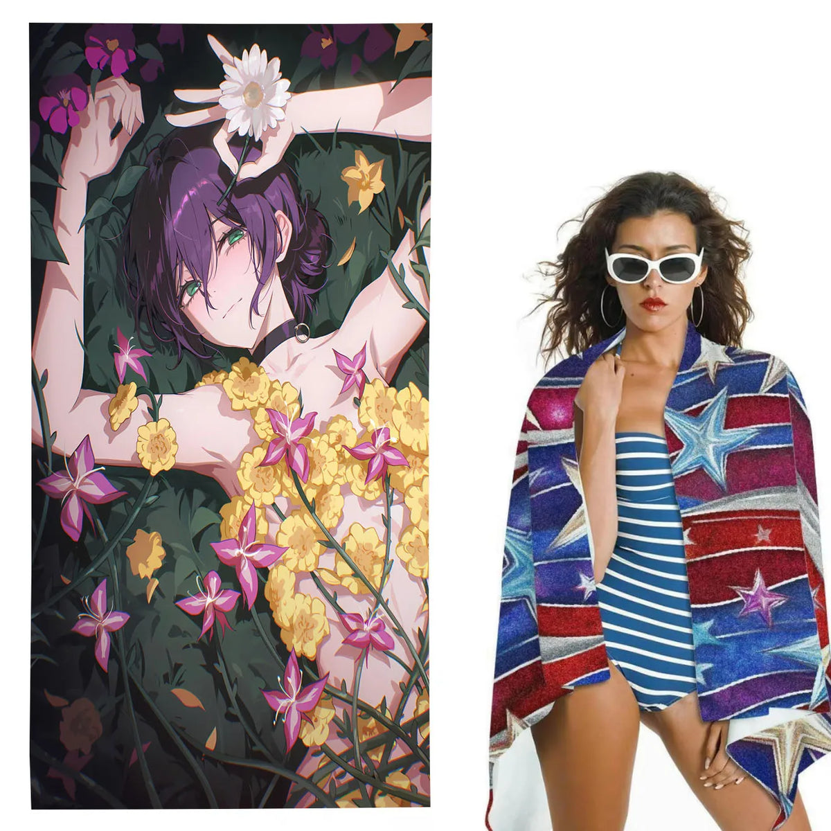 Chainsaw Man Serviette de Plage – Reze Fleurs Violet Style Romantique