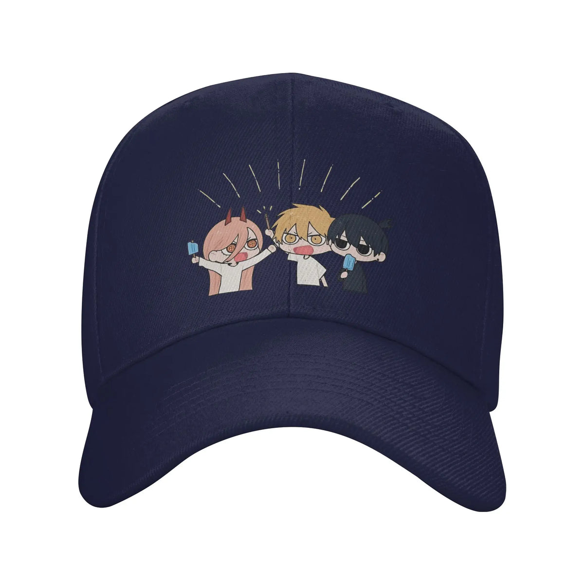 Chainsaw Man Embroidered Cap - Trio Chibi Ice Cream Navy Blue Edition