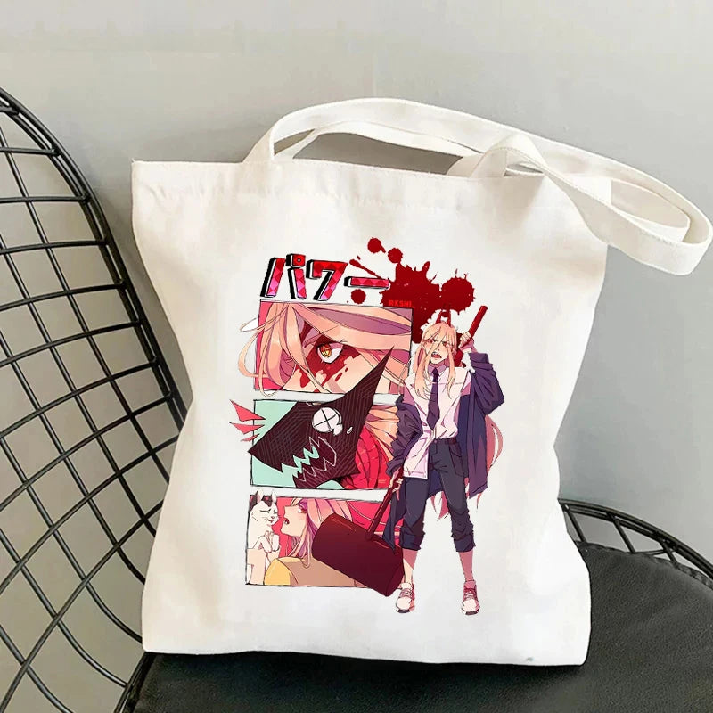 Bolsa de tela de Chainsaw Man – Power Escena sangrienta colorida Estilo manga dramático Lona blanca