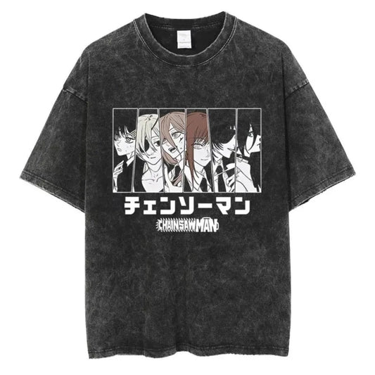 Chainsaw Man T-Shirt Délavé – Personnages Groupe Édition Vintage