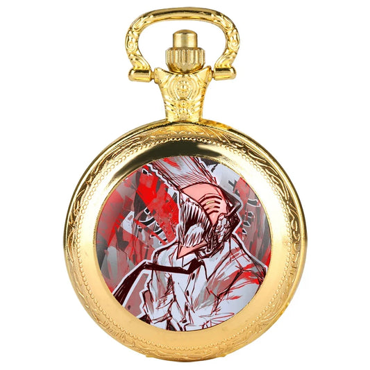 Chainsaw Man Montre de Poche Vintage – Denji Devil Rouge et Blanc Style Doré Antique