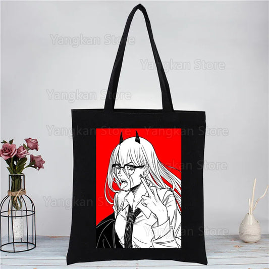 Chainsaw Man Tote Bag – Power Portrait Lunettes Cheveux Blancs Encadré Rouge Élégant Toile Noire