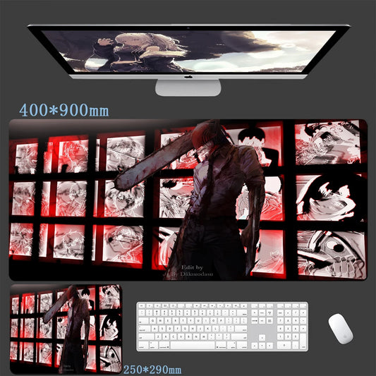 Chainsaw Man Tapis de Souris – Collage Cases Manga Rouge et Noir Grand Format Bureau