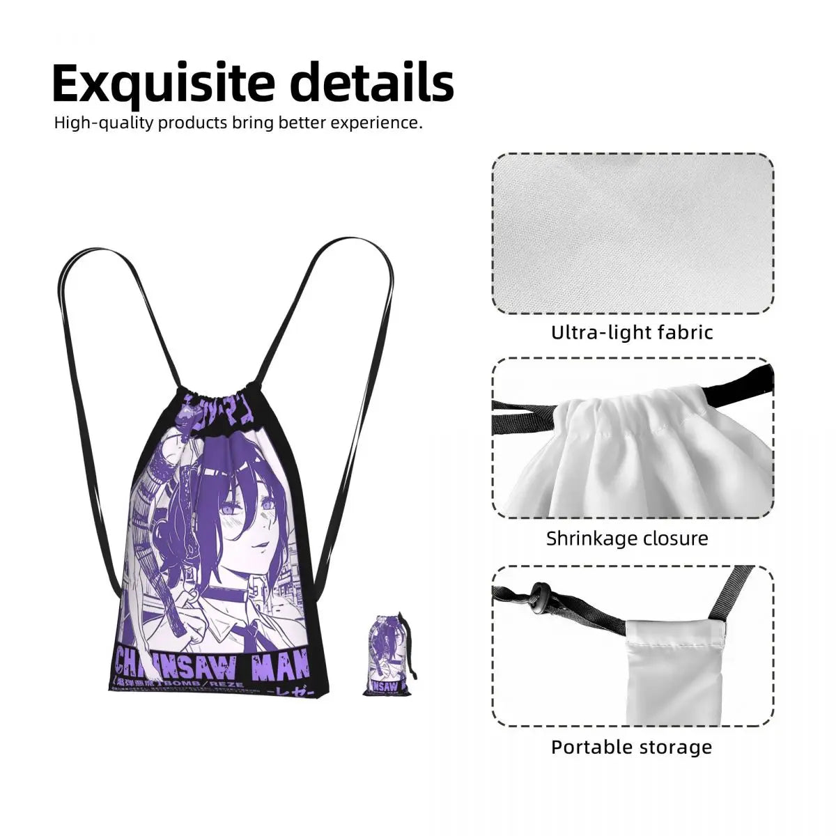 Chainsaw Man Sac Gymsack – Denji Action Tronçonneuse Fond Rouge Cordelette Noir