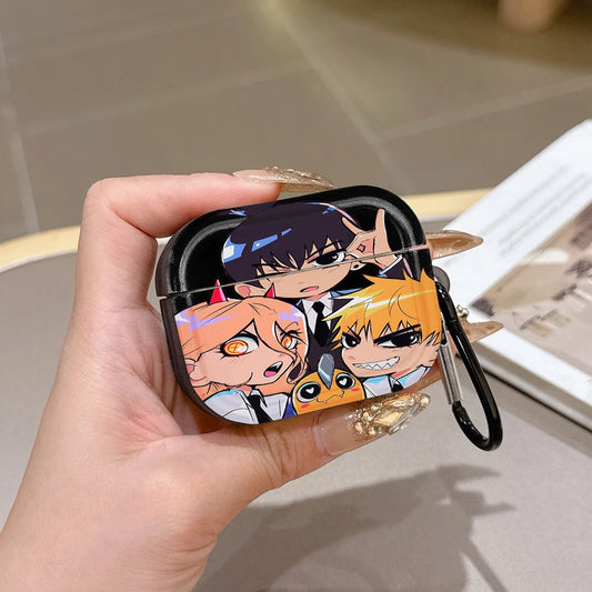 Chainsaw Man Coque AirPods – Denji & Aki & Power Chibi Noir Étui Mousqueton