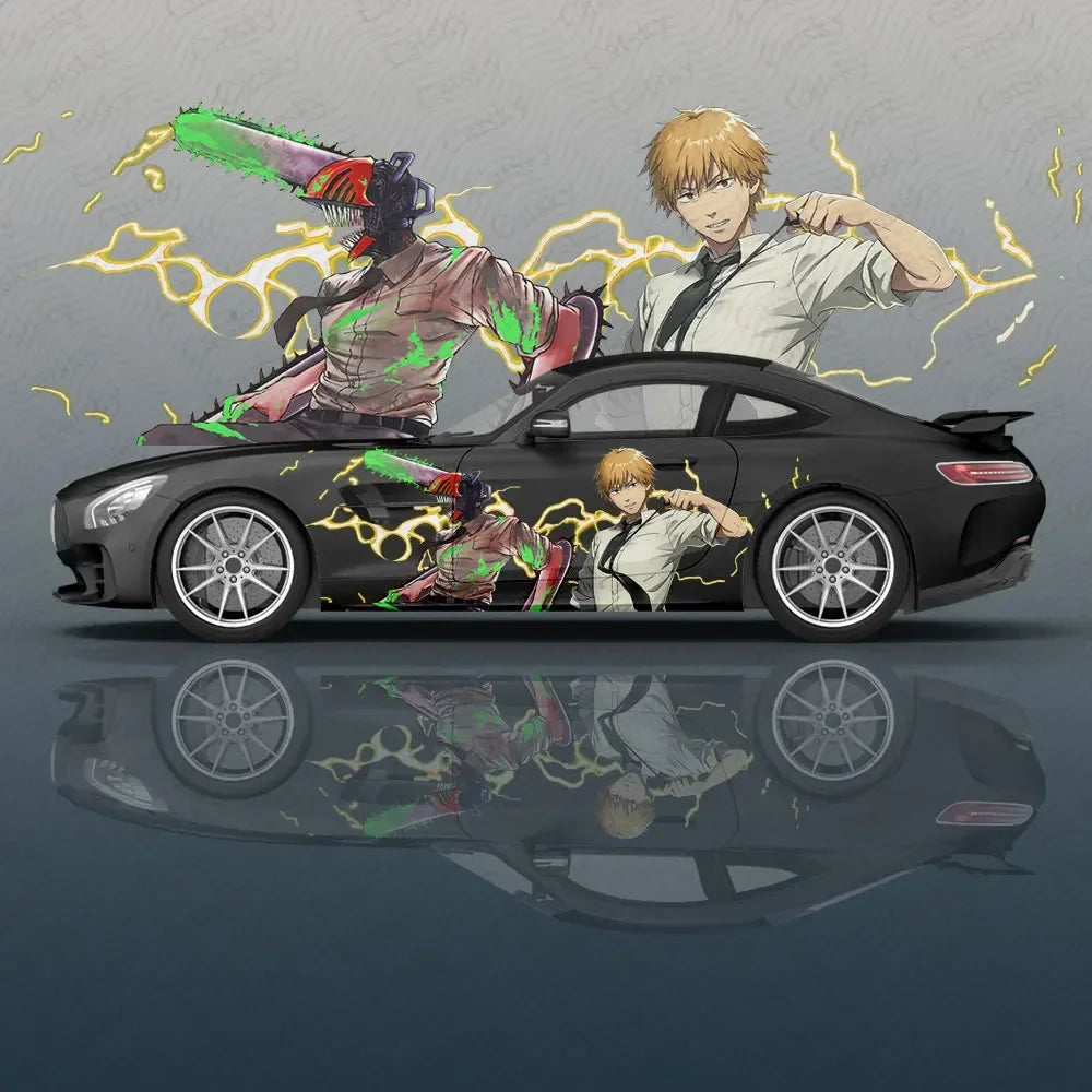 CChainsaw Man Anime Car Wrap – Dúo Eléctrico Acción Calcomanía para Coche