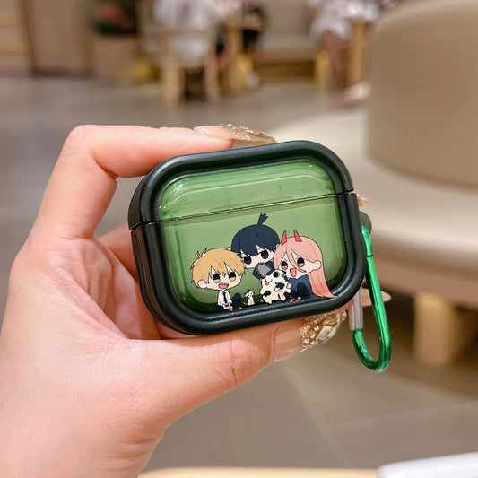 Chainsaw Man Coque AirPods – Denji & Aki & Power Chibi Vert Étui Mousqueton