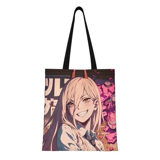 Chainsaw Man Tote Bag – Power Sourire Espiègle Fond Rose Pétales Style Kawaii Coloré Toile Noire