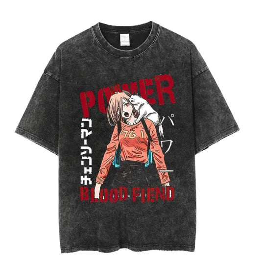 Chainsaw Man T-Shirt Délavé – Power Blood Fiend Édition Vintage