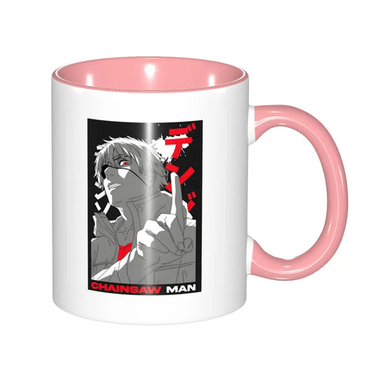 Chainsaw Man Mug – Denji Combat Noir et Blanc Intérieur Rose
