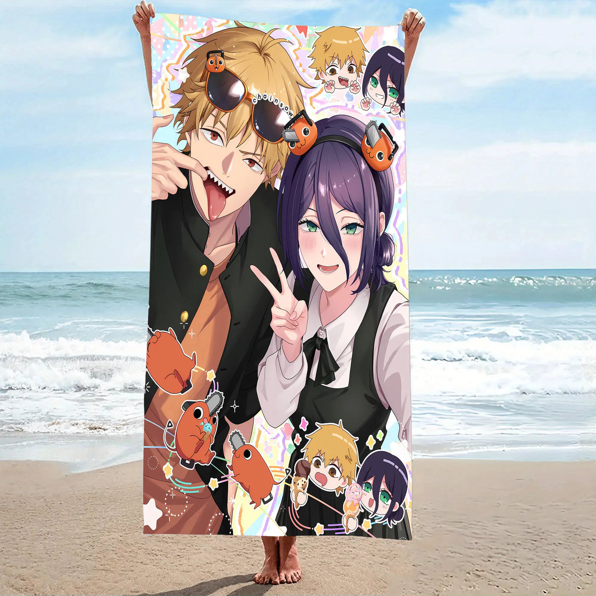 Chainsaw Man Serviette de Plage – Denji Reze Duo Style Coloré