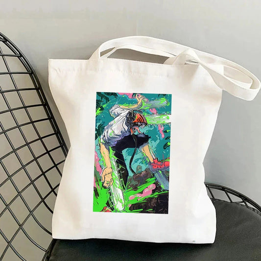 Chainsaw Man Tote Bag – Denji Silhouette Verte Style Aquarelle Artistique Colorée Toile Blanche