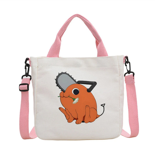 Chainsaw Man Sac Bandoulière – Pochita Chibi Illustration Ronde Kawaii Toile Beige Anses Roses