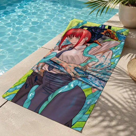Chainsaw Man Serviette de Plage – Makima Sous l'Eau Bleu et Rose Style Artistique