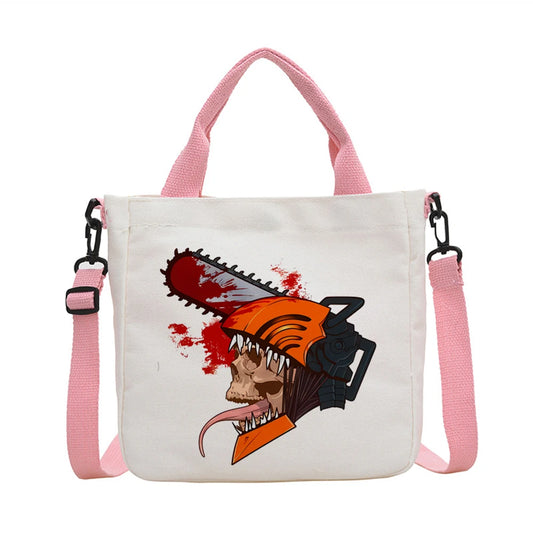 Chainsaw Man Sac Bandoulière – Denji Tronçonneuse Portrait Sanglant Style Graphique Toile Beige Anses Roses