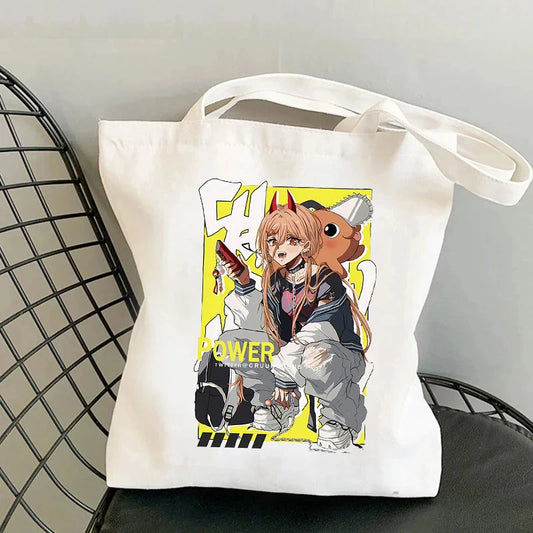 Chainsaw Man Tote Bag – Power Action Fond Jaune Vif Style Comics Dynamique Toile Blanche